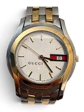 Vintage Gucci 5500M Two Tone Web Stripe Date Swiss Watch New Battery
